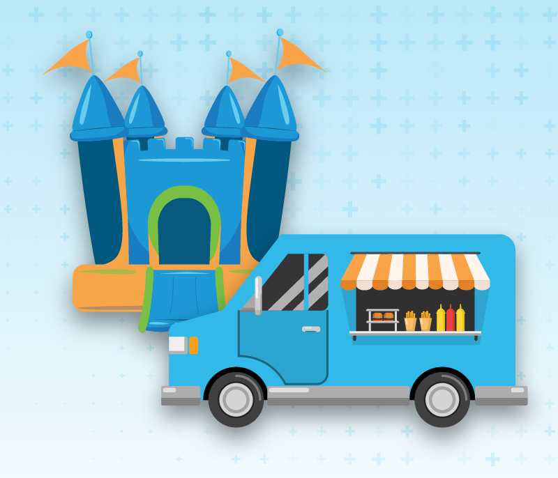 Graphic of a jumpy house and food truck