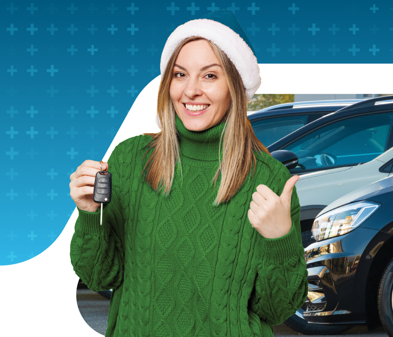 Lady smiling. Your car payment could use a holiday