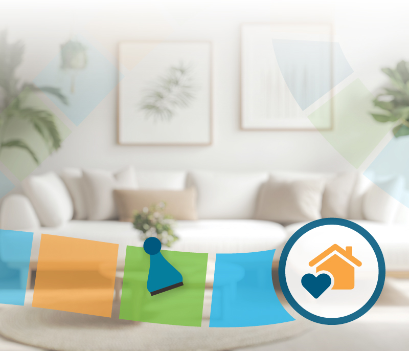 Photo of comfy couch with a flag banner overlay.